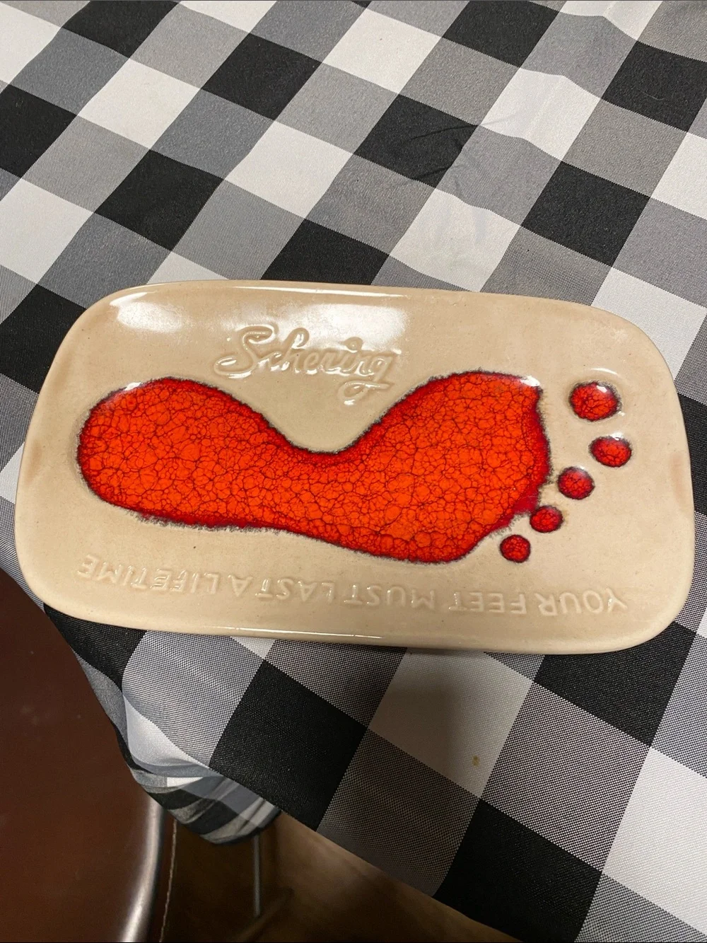 Vintage Ceramic Soap Dish with Bright Red Footprint